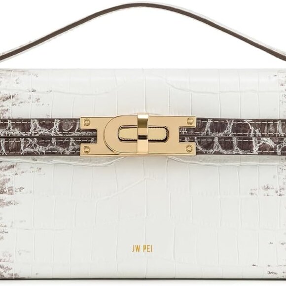 Elegant Women's Structured Top Handle Bag in White Croc with Adjustable Strap